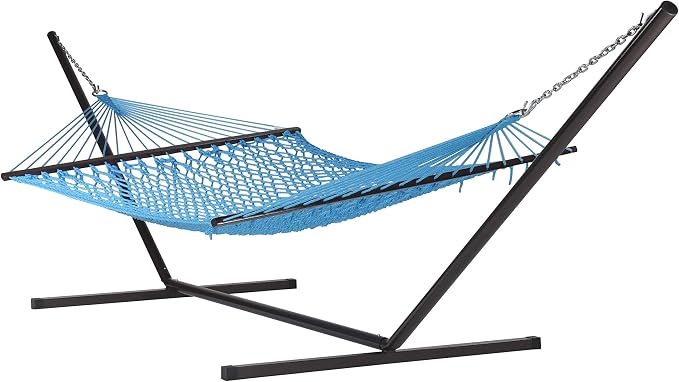 Jumbo Caribbean Rope Hammock and Metal Tri Beam Stand Mocha (Light Blue)