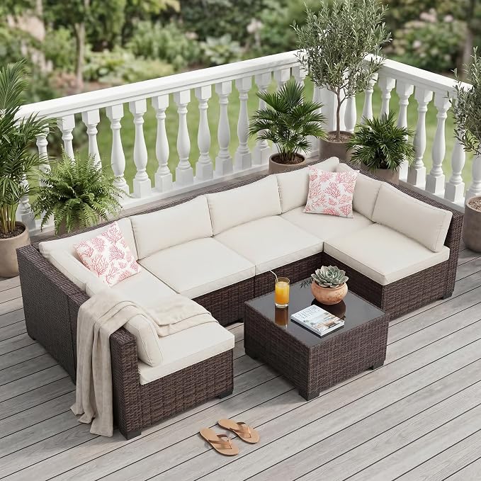 GAOMON Patio Furniture Sets, 7-Piece Outdoor Sectional Sofa Set with Storage Table & Ottoman, All-Weather PE Wicker Conversation Set for Patio, Backyard & Poolside