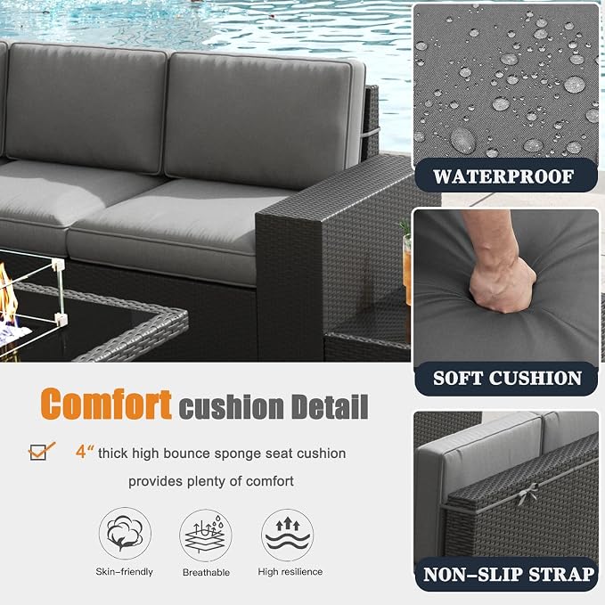 Patio Furniture Set with Fire Pit Table, 10 Pieces Outdoor All-Weather Wicker Conversation Sectional Chair Sofa Set with 2 Swivel Chairs