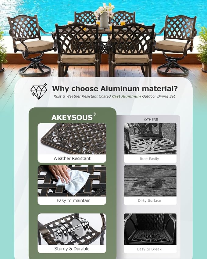 7 Piece Cast Aluminum Outdoor Dining Set, Retro Patio Dining Furniture Set for 6 Includes 59” Table 2 Swivel & 4 Stackable Lattice Chairs with Cushions and 2“ Umbrella Hole for Porch Poolside Garden