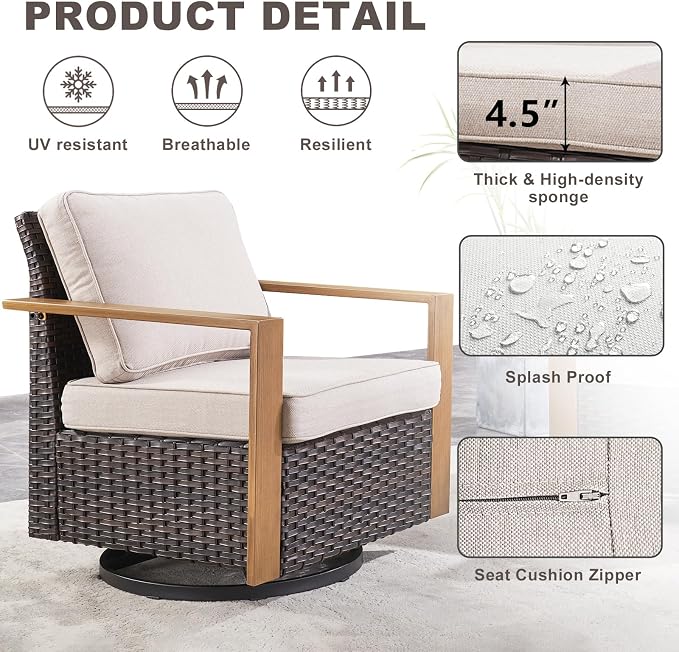 Outdoor Patio Swivel Rocker Chairs - 3 Piece Wicker Patio Furniture Bistro Set with 2 Swivel Rocking Chairs and 1 Metal Side Table,Thick Cushions,Deep Seating for Deck Porch Garden(Brown/Beige)