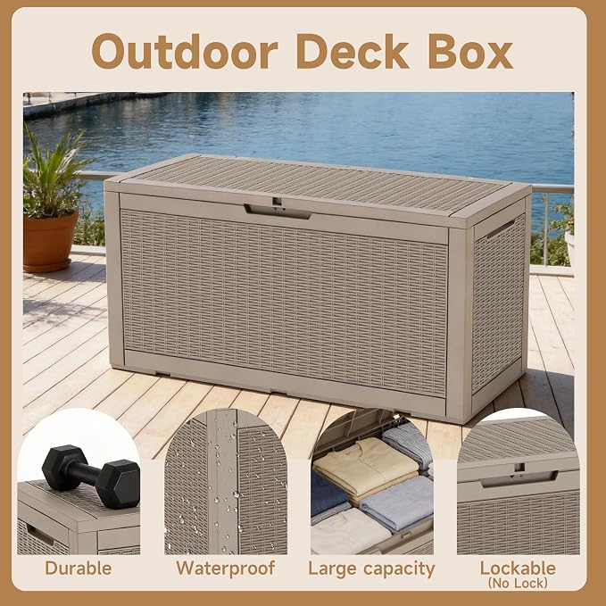 120 Gallon Outdoor Storage Deck Box Waterproof Resin Lockable Outside Bench Porch Patio Furniture Pool Float Garden Tool Cushion UV Resistant Bin Beige