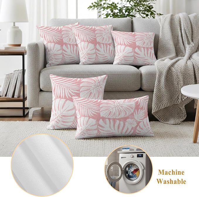 Pink Palm Leaves Outdoor Pillow Covers 26"x26" Set of 2, Tropical Botanical Modern Minimalist Waterproof Throw Pillow Covers for Patio Furniture, Decorative Cushion Covers for Porch