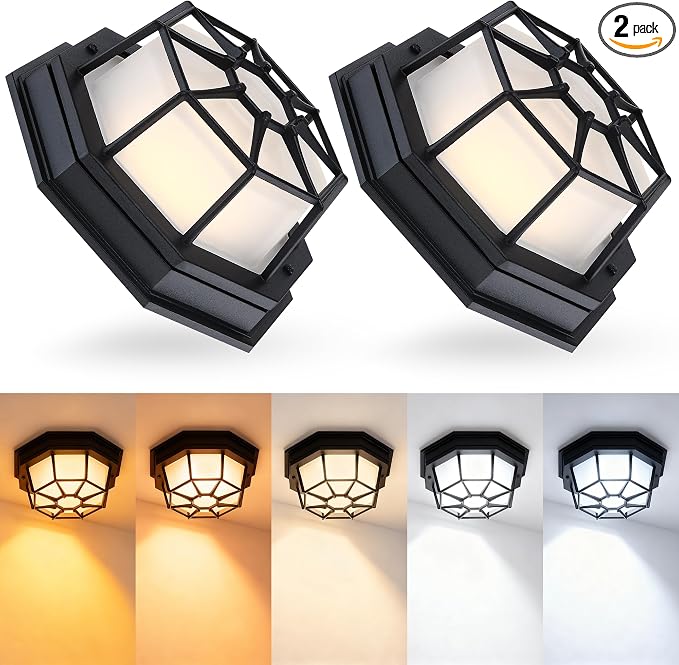 8.5 inch Black LED Ceiling Lights Set Of 2, Octagonal Black LED Outdoor Light 2700K 3000K 3500K 4000K 5000K Mid-Century Modern Ceiling Lights for Front Door,Aluminum Alloy,Glass,14W,120V,750lm-1000Lm