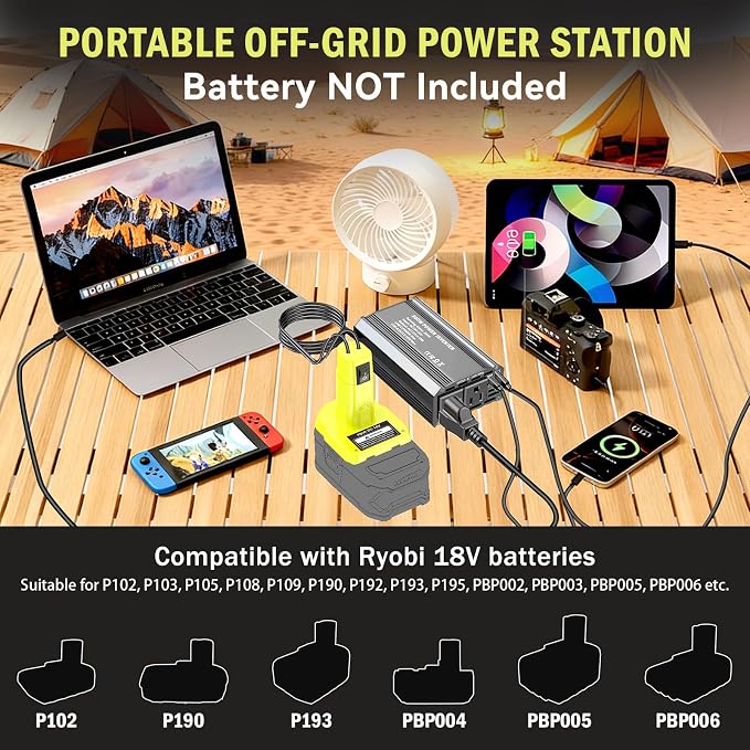 300W Power Inverter Compatible with Ryobi 18V Battery, DC 18V to AC 110V Battery Converter with PD 65W Type-C Fast Charging & 2 AC Outlets & 18W USB-A Port Portable Power Station for Camping