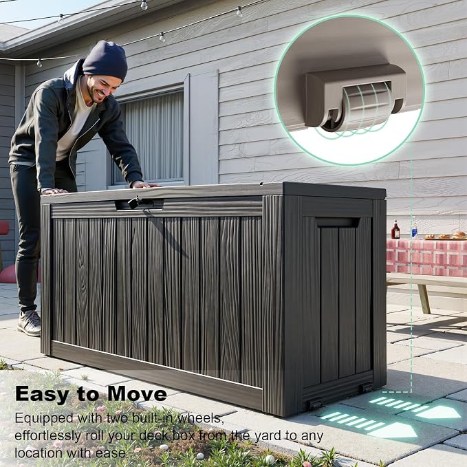 90 Gallon Large Waterproof Outdoor Deck Storage Box, UV Resistant Lockable Bin with Wheels & Built-in Handle, Outdoor Storage Container for Patio Furniture, Patio Cushions, Garden Tools(Black)