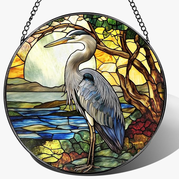Stained Glass Window Hanging, 8 Inch Blue Heron Suncatcher Ornament, Stained Glass Suncatchers for Windows Hanging, Christmas, Mother's Day, Birthday, Bird Lover Gifts for Mom, Grandma, Women & Men