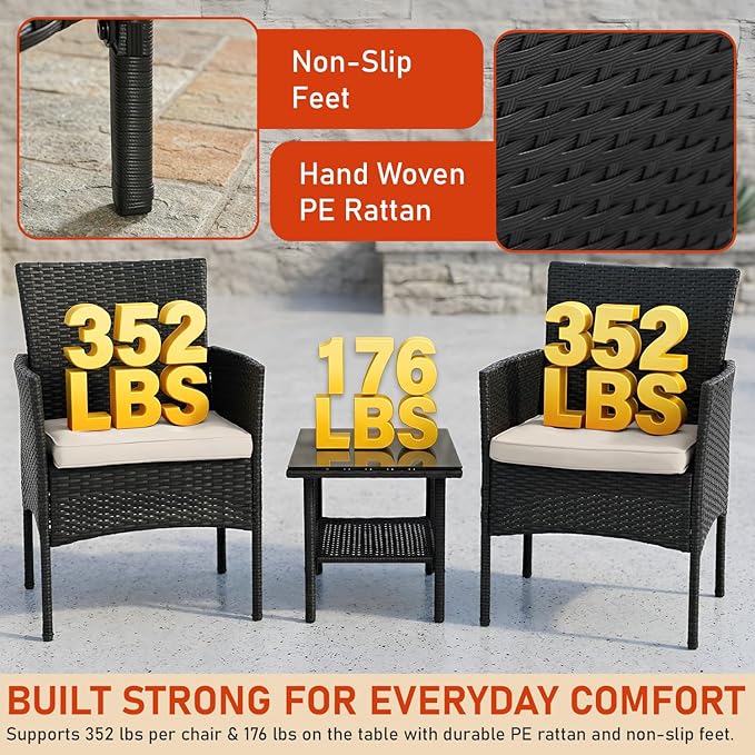 NChanmar 3 Pieces Patio Furniture Outdoor Bistro Set Outdoor&Indoor Conversation Set Coffee Table Chairs Set for 2 with Water-Resistant Cushions for Lawn Yard Garden Porch Balcony and Pool,Black