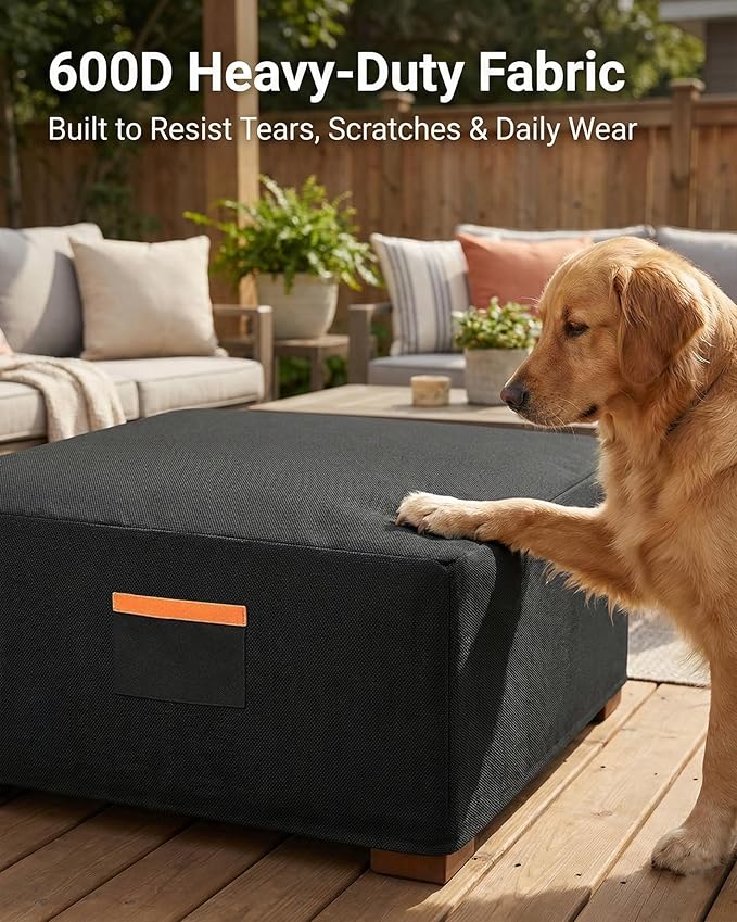 Waterproof Patio Ottoman Cover, 600D Heavy Duty Outdoor Furniture Cover for Square Side Table or Coffee Table, Windproof Secure Fit with Air Vents, All-Weather UV & Rain Protection, Black 22x22x18 in