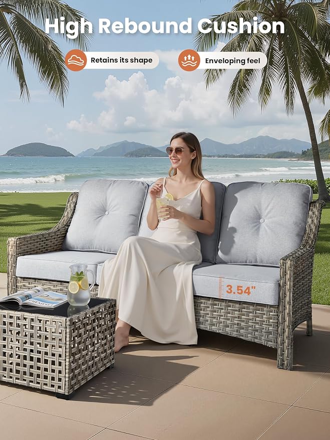 ovios 5 Piece Outdoor Patio Furniture with 3 Seat Sofa,Rattan Wicker Coversation Set with Swivel Rocking Chair,Balcony Sofa Set with Shiny Table for Outside Porch Backyard Pool, Light Grey