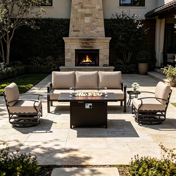 Kurapika Aluminum Patio Furniture Set 5-Seat Modern Metal Outdoor Conversation Sets w/45in Propane Fire Pit Table, Swivel Rocking Chairs Patio Sectional Sofa w/5.1 Inch Cushion, Sand