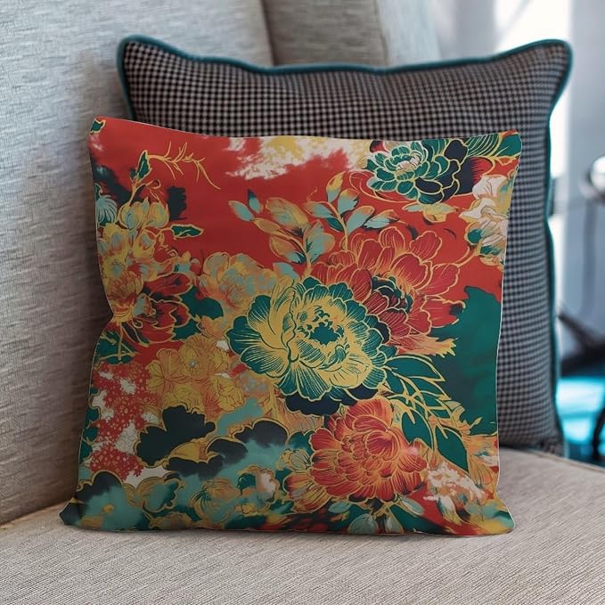 Pillowcase Animal Tiger Stripe Colorful Chinoiserie Cushion Cover Modern Peony Floral Asian Pillow Cover Accent Farmhouse Decor Pillow for Patio Couch Tent Sofa 16x16 in
