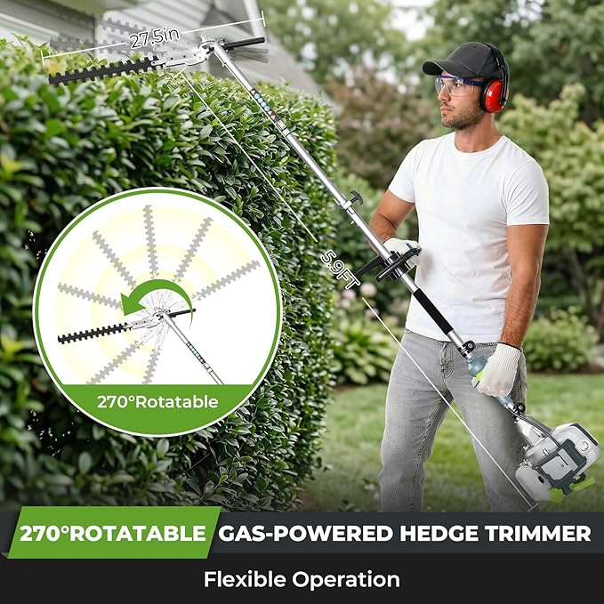 6-in-1 Multi-Functional Gas Powered Weed Wacker, 52CC 2-Stroke Gas Weed Eater String Trimmer, Hedge Trimmer, Pole Saw, Brush Cutter Blade, Safety Lock & Shoulder Strap for Garden, Yard