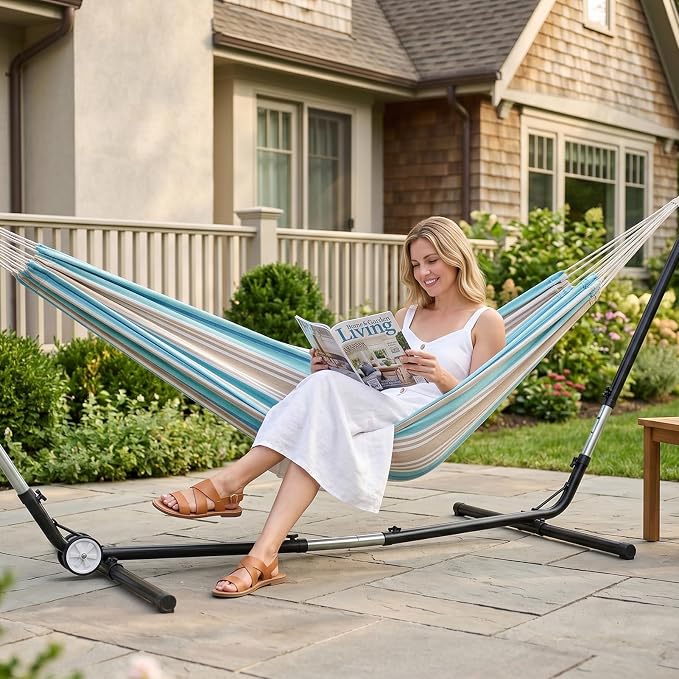 Brazilian Hammock with Tree Straps - Canvas Hammocks Portable Hammock with Carry Bag for Backyard, Porch, Outdoor and Indoor Use Blue & Green