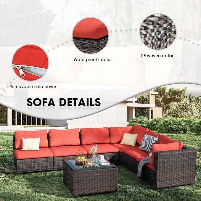 Patio Furniture Set 5 Piece All Weather PE Rattan Outdoor Sectional Sofa Couch with 4 x arm Sofa, No-Slip Cushions and Glass Top Table for Garden, Poolside, Backyard (Red)