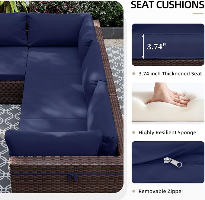 UPHA 9 Pieces Patio Furniture Sets, Wicker Outdoor Sectional Sofa Couch with Coffee Table, Patio Conversation Set for Deck Backyard Garden, Brown Rattan, Navy Blue Cushion