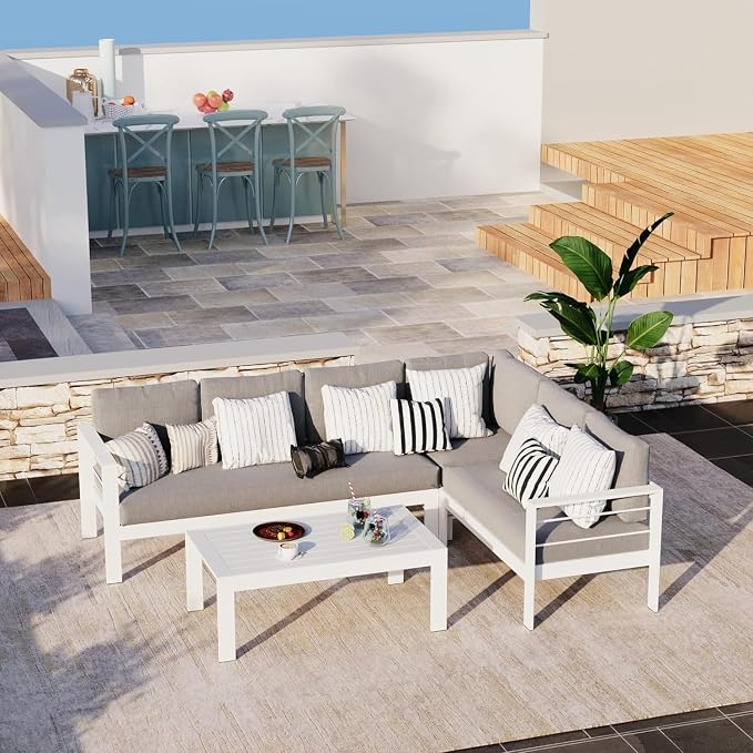 Solaste Aluminum Patio Furniture Set, Metal Patio Sectional Sofa with Imitation Wood Tabletop Coffee Table, Modern Outdoor Furniture Couch with Water-Resistant Cushion for Balcony Backyard, White