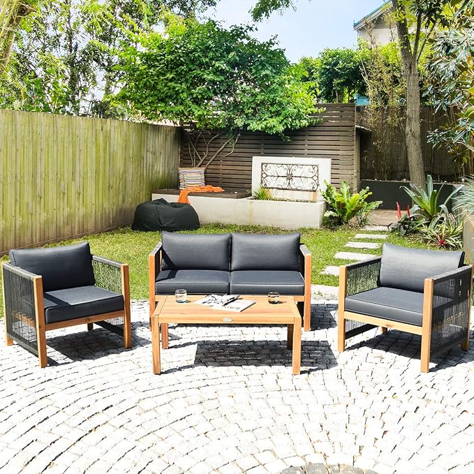 Tangkula Outdoor Wood Furniture Set, Acacia Wood Frame 2 Loveseat Sofa, 4 Single Chairs and 2 Coffee Table, 8 Pieces Conversation Set with Cushions, Garden Balcony Poolside Outdoor Living Set(2, Grey)