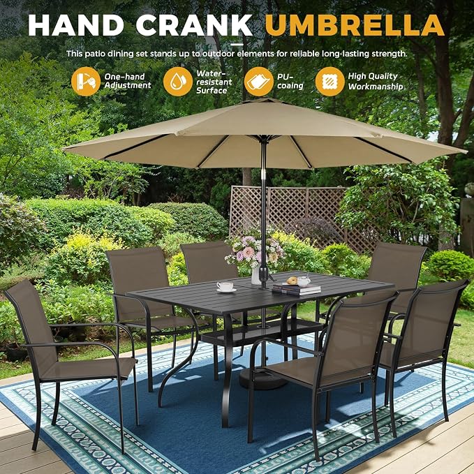 Incbruce 8 Pieces Patio Dining Set with Brown Umbrella, Outdoor Dining Set of 6 Textilene Chairs and Rectangle Table with Umbrella Hole for Backyard, Garden, and Poolside (Brown)