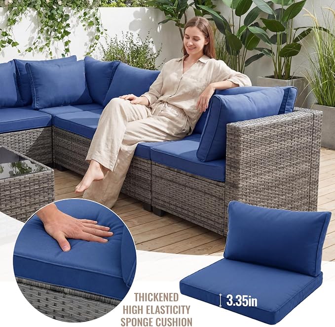 7 Pieces Outdoor Wicker Patio Furniture Set, Patio Conversation Sectional Set with Cushions & Coffee Table, All Weather PE Rattan Patio Sofa with Tea Table for Backyard Porch Garden (Navy-blue)