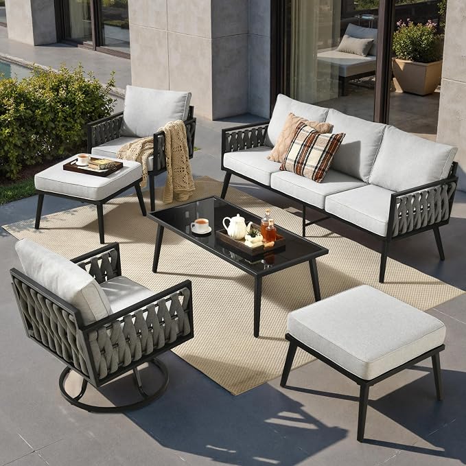 Outdoor Patio Furniture Set, 6-Piece Metal Conversation Furniture Sofa with Coffee Table, All Weather Patio Couch Sofa with Thick Cushions for Balcony Backyard,Light Grey
