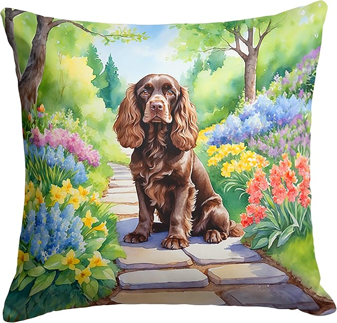 Caroline's Treasures Cocker Spaniel Spring Path Throw Pillow Machine Washable, Indoor Outdoor Decorative Pillow for Couch, Bed or Patio, 18Hx18W