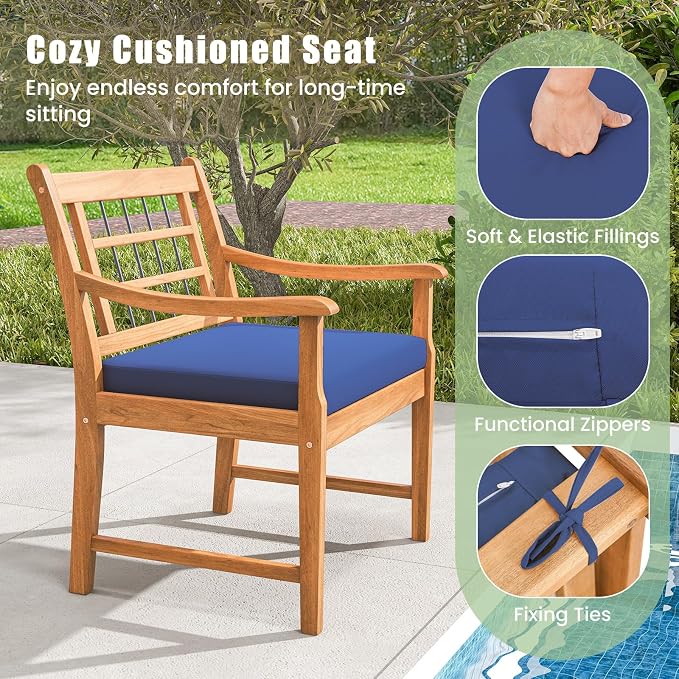 HAPPYGRILL 3 Piece Acacia Wood Patio Conversation Set, Outdoor Bistro Set with Cushions, Solid Wood Frame, 2 Armchairs & Coffee Table Set for Backyard, Porch, Poolside (Navy)
