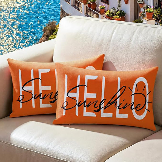 Lewondr Waterproof Outdoor Throw Pillow Cover, 12×20", Orange | 2 Pack, Hello Sunshine Printing, Summer Garden Decor, For Patio Sofa, Balcony Couch, Bench Porch