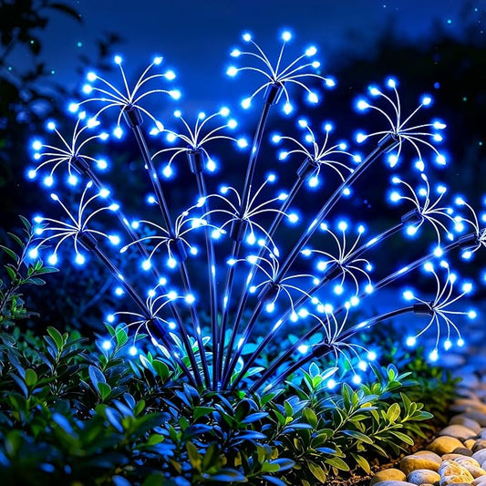 Solar Garden Lights Outdoor, 4 Pack 2-Layer Blue Fairy Firework Lights | Waterproof Starburst Flower Light, Garden Decor for Yard Patio Pathway Lawn, Unique Gifts for Women Mom Grandma Christmas