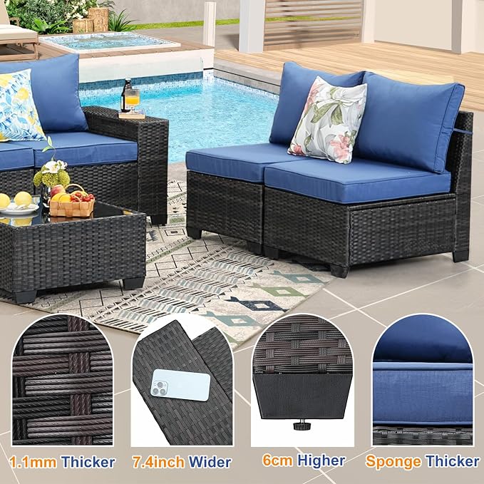 8 Pieces Patio Furniture Set, Wicker PE Rattan Outdoor Sectional with Cushion & Coffee Table, Patio Conversation Sofa for Garden, Backyard, Poolside, Navy