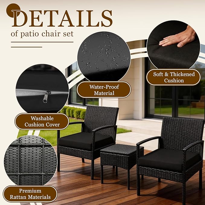 PROHIKER 3 PCS Patio Rattan Conversation Bistro Chairs Set, Outdoor Patio Furniture Wicker Bistro Set with Coffee Table for Garden Porch Balcony Yard Lawn, Black