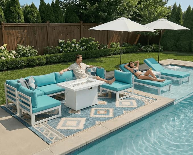 NICESOUL 8 People Large Luxury Aluminum Patio Conversation Set with Lounge Chair & Fire Pit Table, 29" Deep Wide Modular Sectional Couch, 500 lbs Heavy Duty All Weather Outdoor Sofa for Poolside, Teal