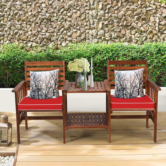 Tangkula Acacia Wood Loveseat, 3pcs Outdoor Table Chairs Set, Patio Conversation Set w/Coffee Table and Soft Cushions, 2.1-inch Umbrella Hole, 2-Seater Furniture Set (Red)