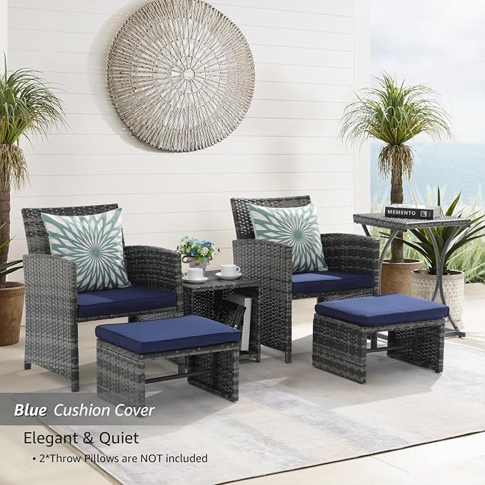 OC Orange-Casual 6 Piece Patio Furniture Conversation Set with Ottoman, Outdoor Grey Wicker Chair and Table Set, Balcony Furniture for Apartments, Navy Blue