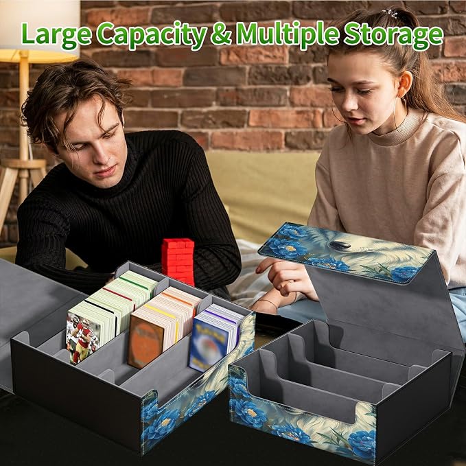 Large Card Deck Box for MTG, Fits 1200+ Sleeved Cards, PU Leather Storage Case with Strong Magnetic Closure, Multiple Colors for TCG CCG Baseball Card Collections, Purple Flower Wolf