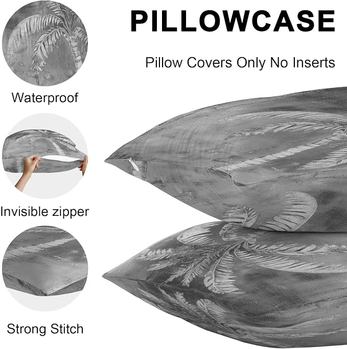 Coastal Beach Tree Grey Outdoor Waterproof Pillow Covers, Vintage Summer Palm Tree Decorative Square Throw Pillowcase, Tropical Botanical Sofa Cushion Sham for Patio/Couch/Chair, 24"x24" 2 Pack
