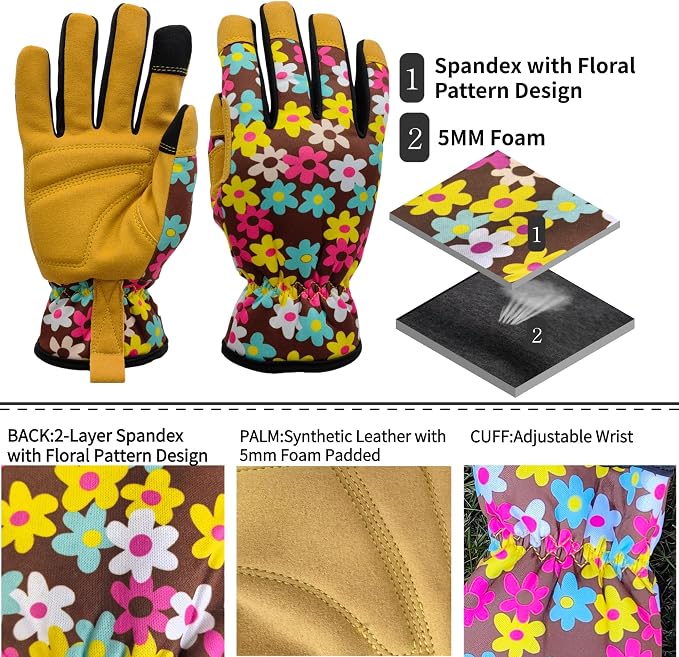 Cute Pattern Gardening Gloves,Thornproof Garden Glove,Gardener Gift | Gardening Gifts for Women,Touchscreen,Tender Thornproof,Cute Pattern,Protection Palm,Machine Washable,Adjustable Cuff