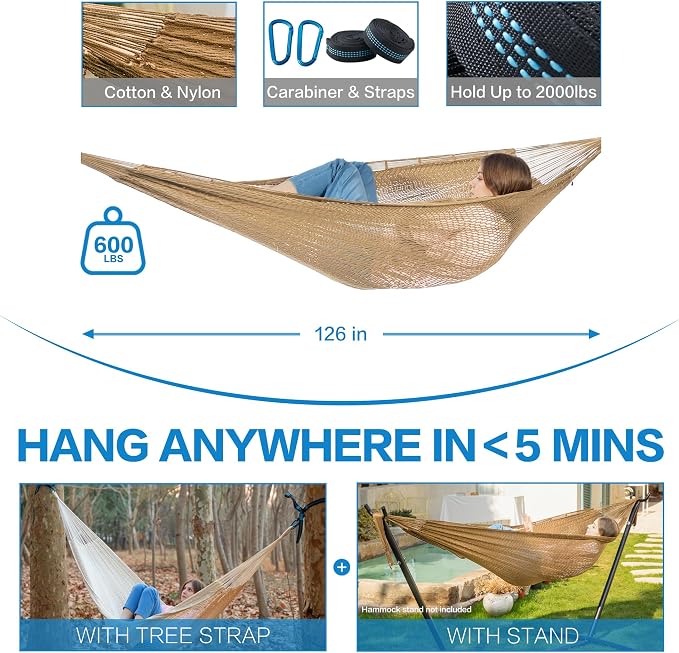 PNAEUT Handwoven Mayan Hammock, Thick Soft Rope Double Hammock for Outdoor Outside & Indoor, 600 lbs Capacity Heavy-Duty, Includes Tree Straps, Carabiners & Carrying Bag(Tan, X-Large)