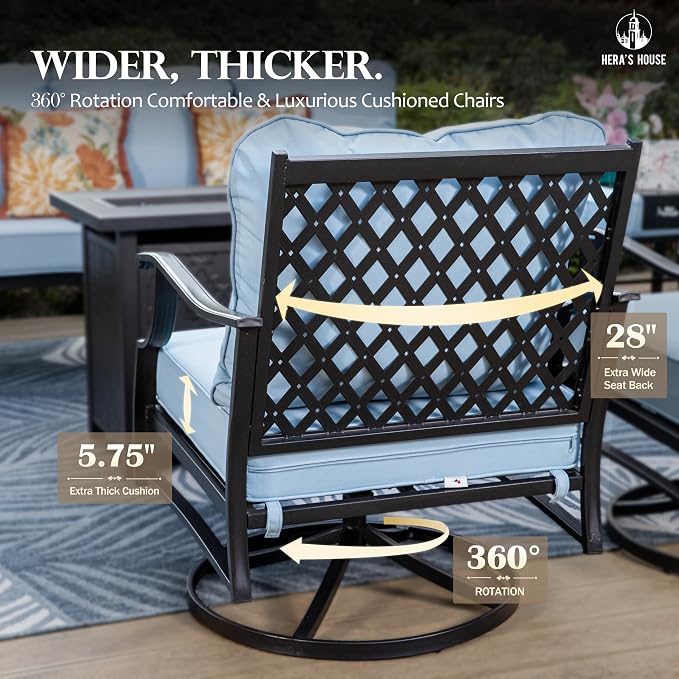 HERA'S HOUSE 4 Pieces Patio Furniture Set with Fire Pit Table, 2 x Swivel Cushioned Chair, 3-Seat Sofa with 45" Fire Pit Table, Outdoor Conversation Set for Garden, Poolside, Backyard, Blue