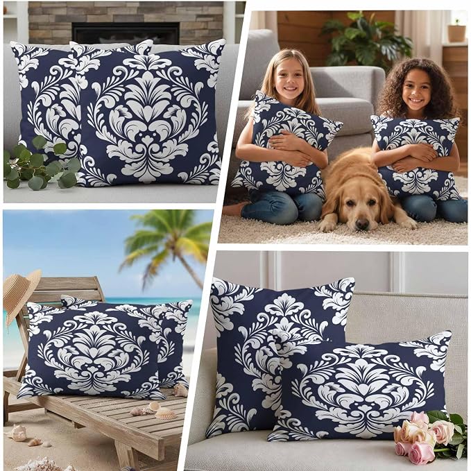 Waterproof Pillow Covers Set of 2 18x18 Inch Navy Blue Luxurious Floral Outdoor Cushion Covers Classic Damask Abstract Art Decorative Pillow Cases for Patio, Sofa, Couch, Garden, Balcony