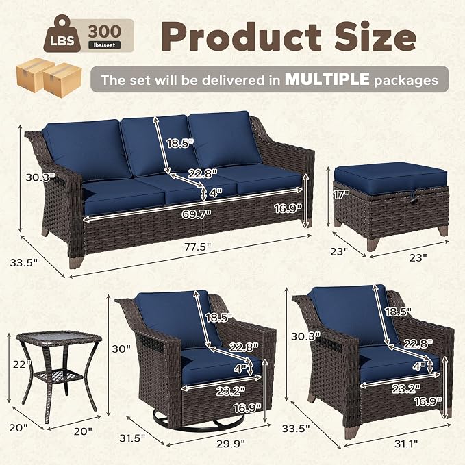 8 Pieces Patio Conversation Furniture Set - 1 Sofa, 2 Ottomans, 2 Armchairs, 2 Swivel Chairs, 1 Side Table, Outdoor Wicker Furniture with Removable Cushions for Porch, Sunroom (Blue)