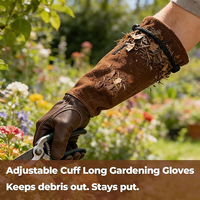 Aegend Gardening Gloves Men, Long Elbow Cuff with Adjustable Strap, Sun & Dirt Protection, Cowhide Leather, Breathable & Comfortable Yard Work, Fit Large Hands for Gardeners (Brown, XL)