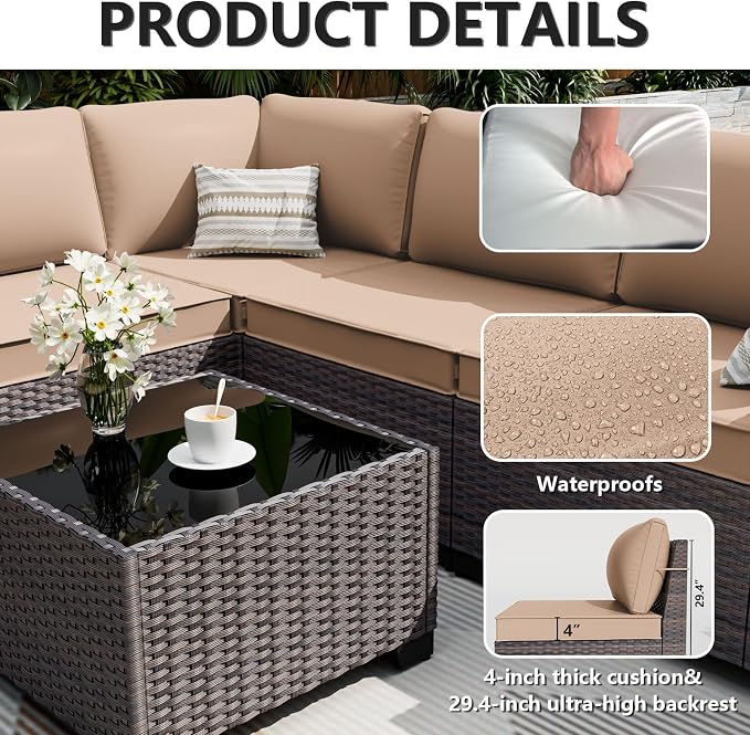ALAULM 6 Pieces Patio Furniture Set, Oversized Seat/Armrest and High Back Wicker Sectional Furniture Set with Thick Cushion for Backyard, Garden, Sand