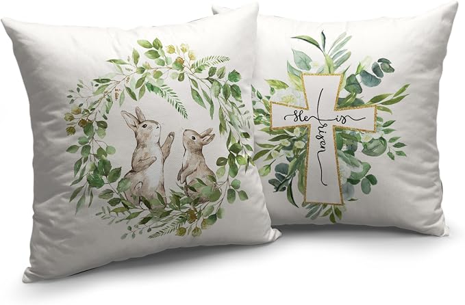 Easter Throw Pillow Covers Set of 2 Spring Wreath Garland Bunny Pillow Protectors He is Risen Cross Decorative Pillow Case 22x22 for Easter Decorations Couch Patio