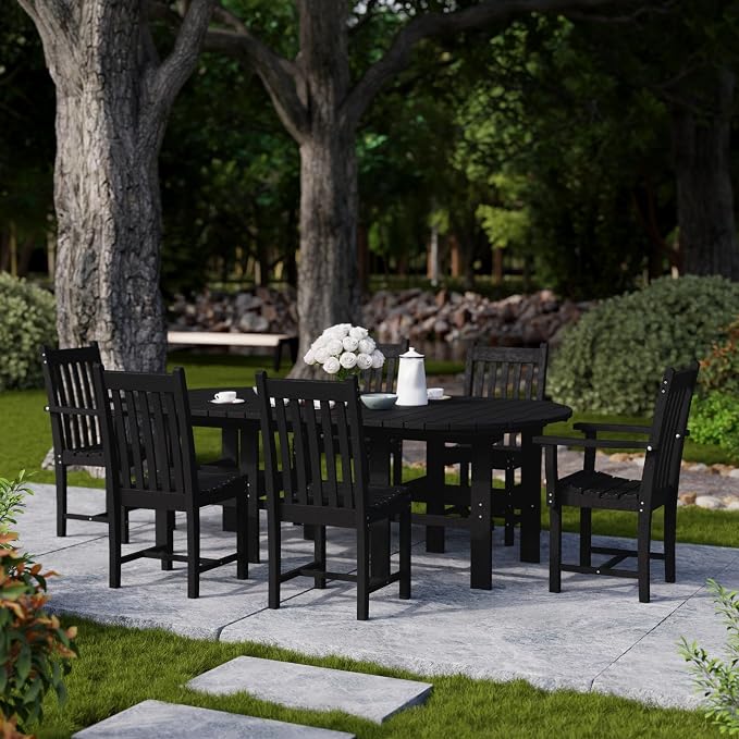 Wildridge Classic 7-Piece 44"x84" Dining Set, Black - Outdoor Weather Resistant Recycled Plastic Furniture for Patio