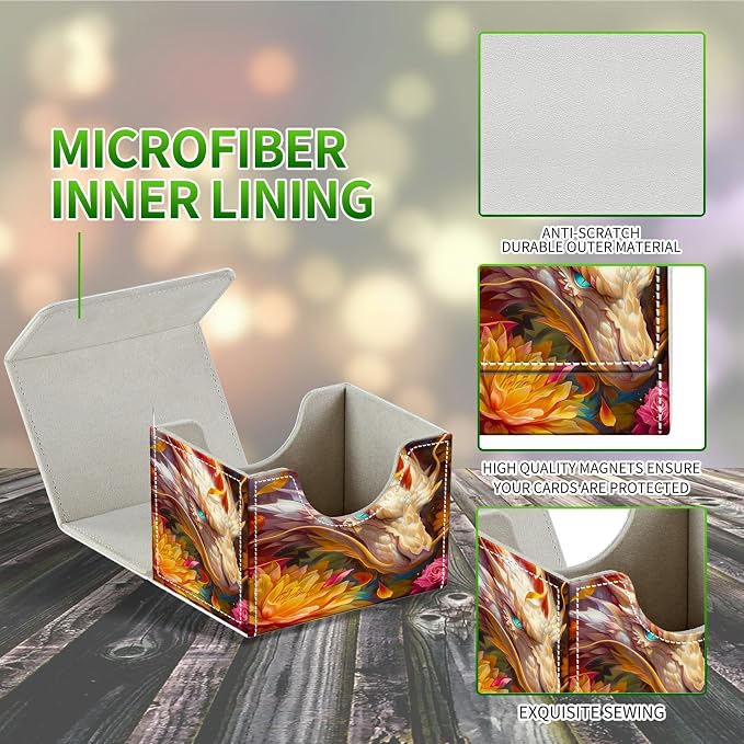 Card Deck Box for MTG, Cards Storage Box Fits 120+ Sleeved, Leather Small Size Strong Magnetic Closing Card Case for Board Games Magic TCG CCG Baseball Collection, Lotus White Dragon