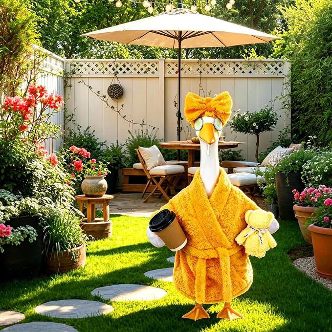 Celltestria Lady Goose Outfits for 23" Geese Yellow Bathrobe Porch Goose Costume Coffee Cup Bear Cucumber Eye Mask Goose Clothes for Outdoor Patio Yard Lawn Garden Decoration