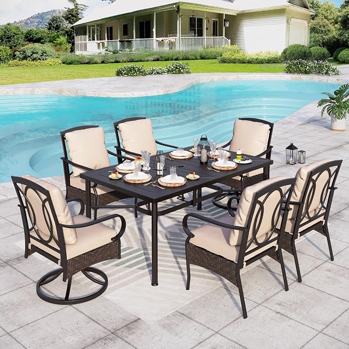 Sophia & Willliam Oversized Outdoor Dining Set 7 Piece Metal Patio Table and Chairs Set with 4 Padded Patio Dining Chairs,2 Swivel Chairs & 64" Rectangular Dining Table, Deck,Lawn,Kitchen Furniture