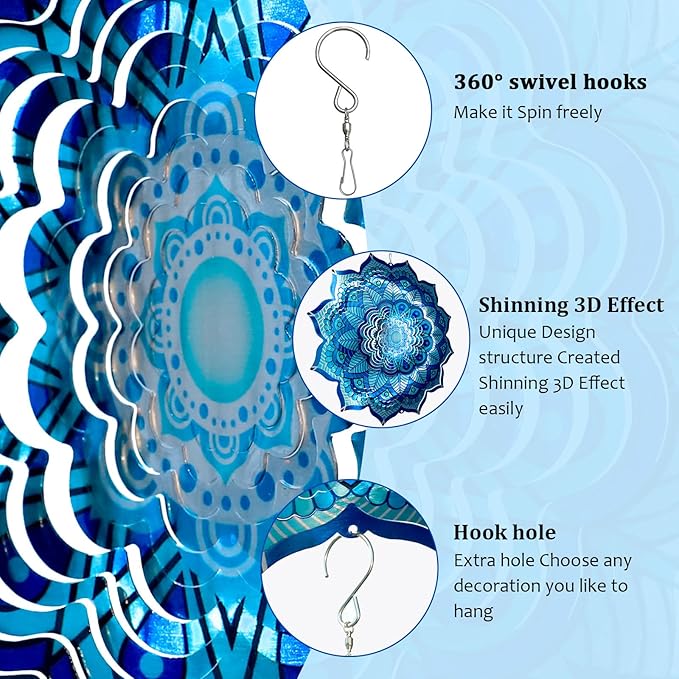 Goolyrusim Wind Spinner Mandala Rich Blue 12inch 3D Stainless Steel Wind Spinners Laser Cut Metal Hanging Wind Sculptures Kinetic Yard Art Decoration Garden Ornament Indoor/Outdoor Décor Worth Gift