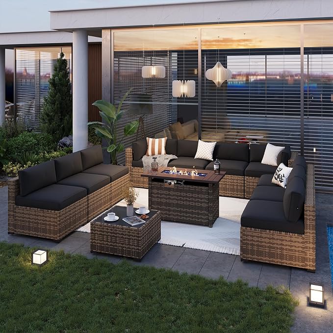 Aoxun Patio Furniture Sets, 12-Piece Outdoor Patio Furniture with 44'' Propane Gas Firepit Table, Wicker Outdoor Conversation Set Sectional Sofa for Backyard, Poolside, Garden
